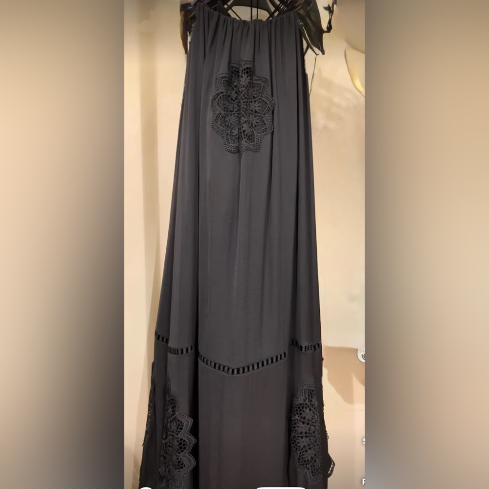 ZARA black strappy maxi dress featuring intricate embroidered lace appliques
